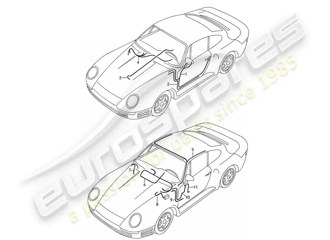porsche 1987 (959) wiring harnesses - body shell - door parts diagram