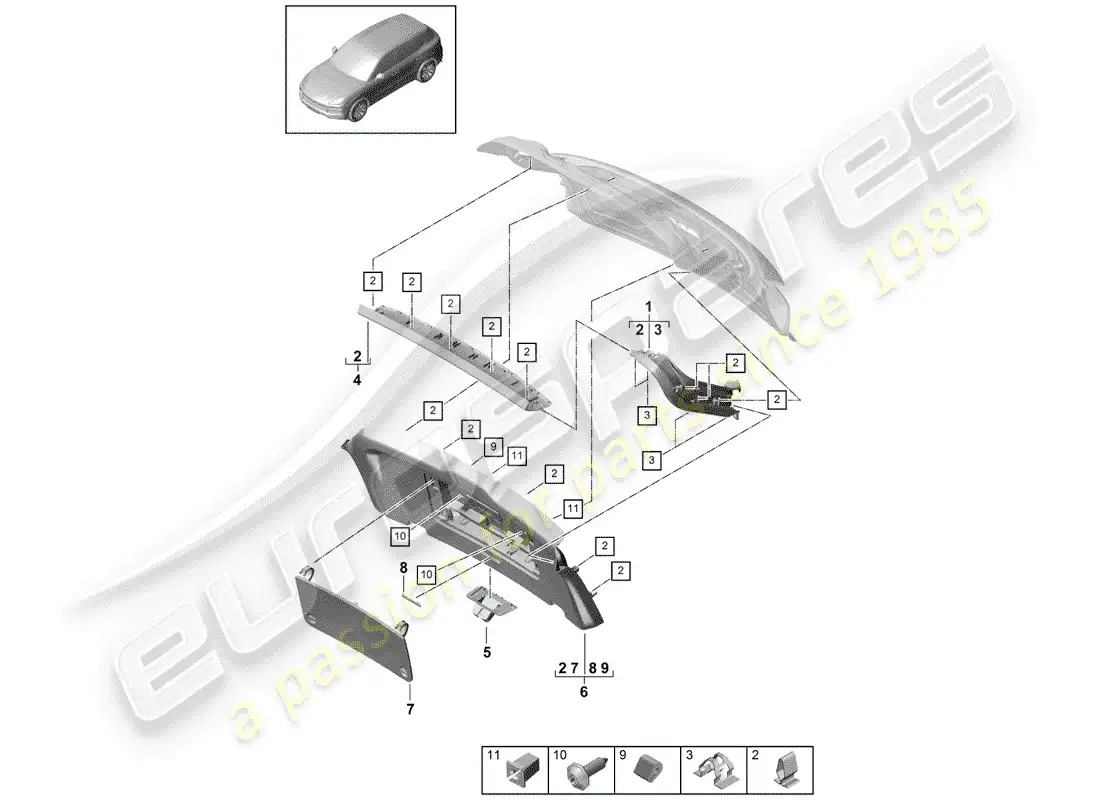 porsche 2019 (cayenne e3 9ya/9yb) lining parts diagram