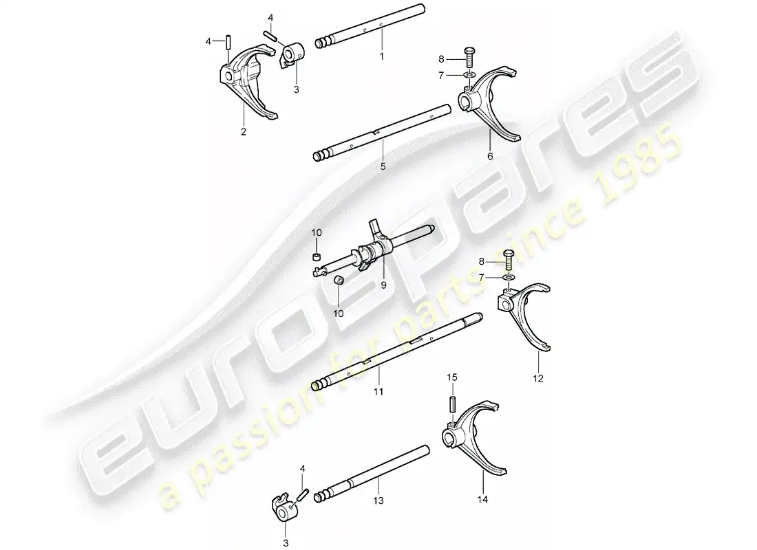 porsche 2004 (996 gt3) selector shaft - selector fork - shift rod parts diagram