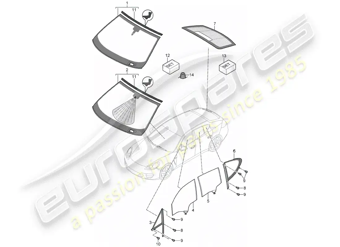 porsche 2014 (panamera 970) window glazing parts diagram