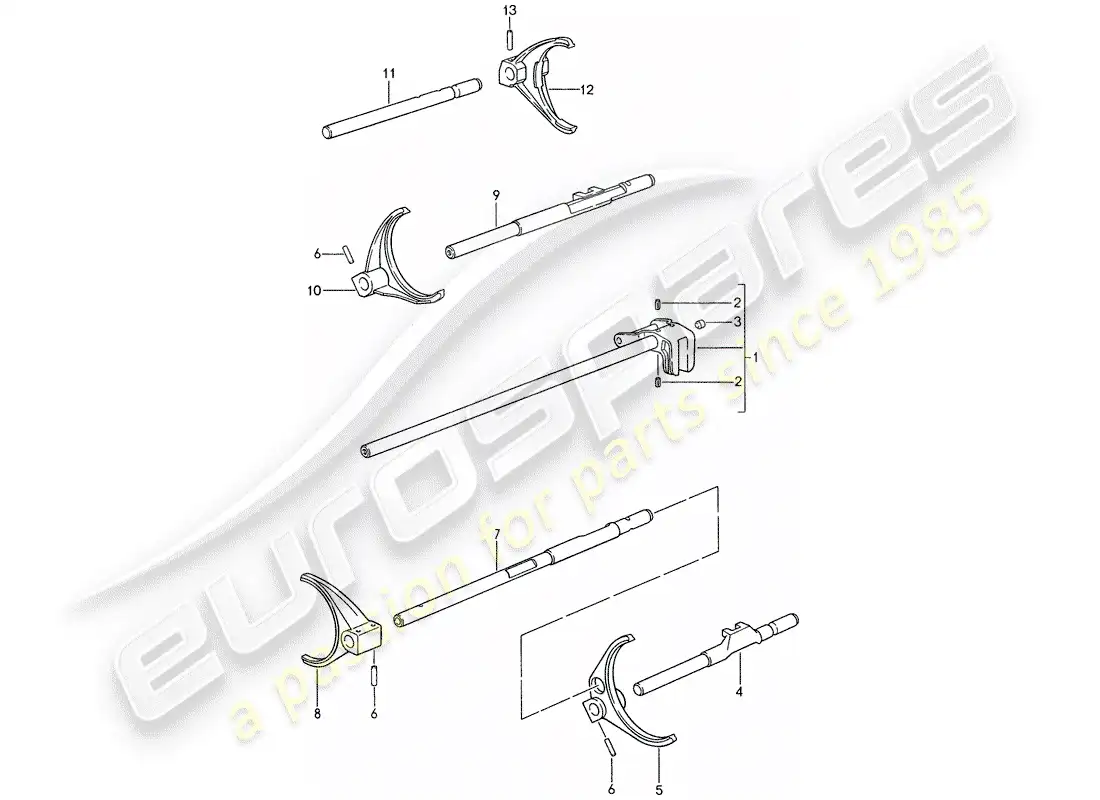 porsche 1987 (959) shift rods - shift forks parts diagram