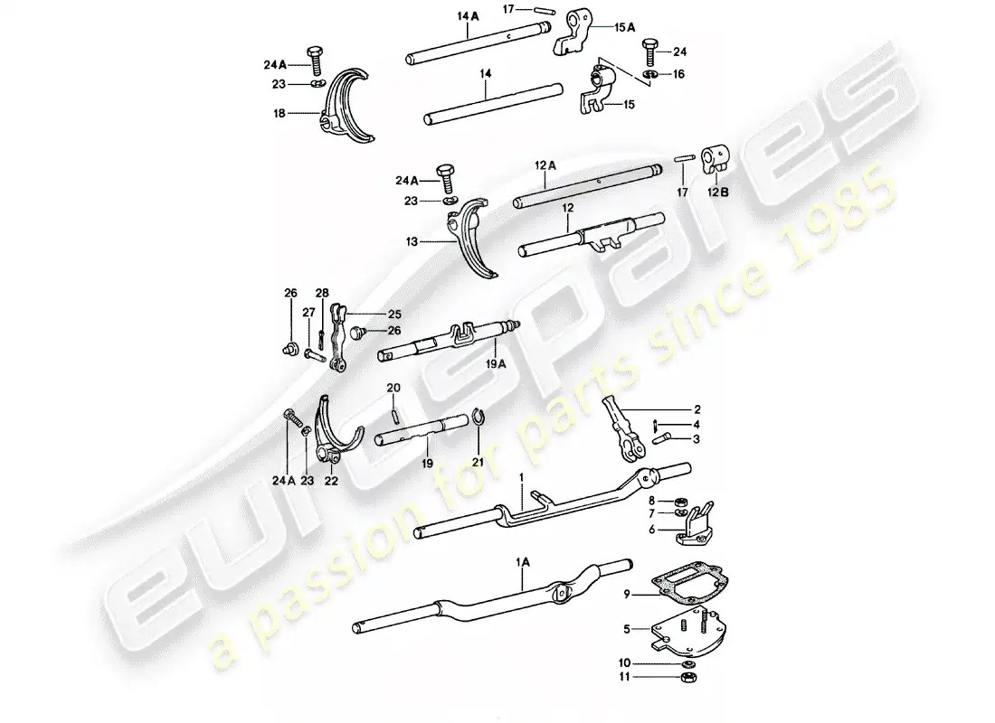 porsche 1982 (911) shift rods - shift forks - 5. - speed - transmission parts diagram