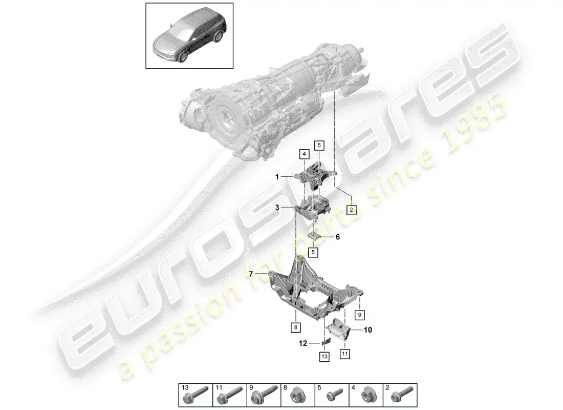 porsche 2019 (cayenne e3 9ya/9yb) gearbox mounting parts diagram