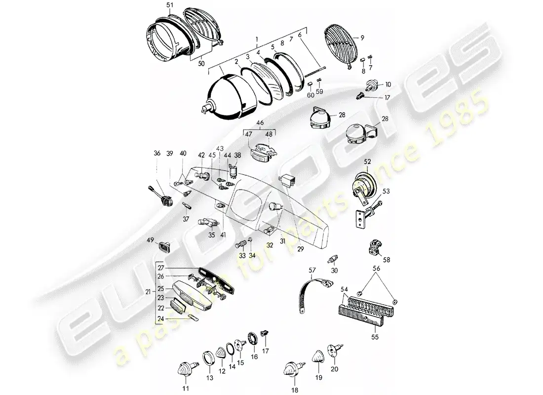 porsche 1952 (356/356a) headlamp - and - switch parts diagram