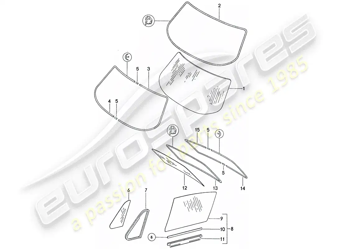 porsche 1974 (911) window glazing parts diagram