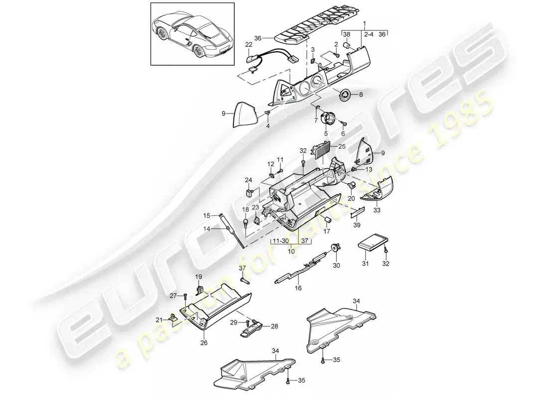 porsche 2012 (987 cayman) glove box parts diagram