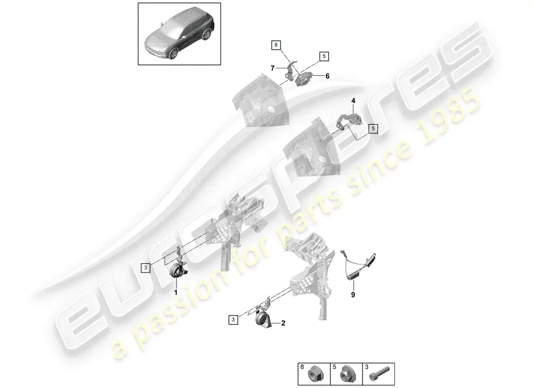 porsche 2019 (cayenne e3 9ya/9yb) fanfare horn parts diagram
