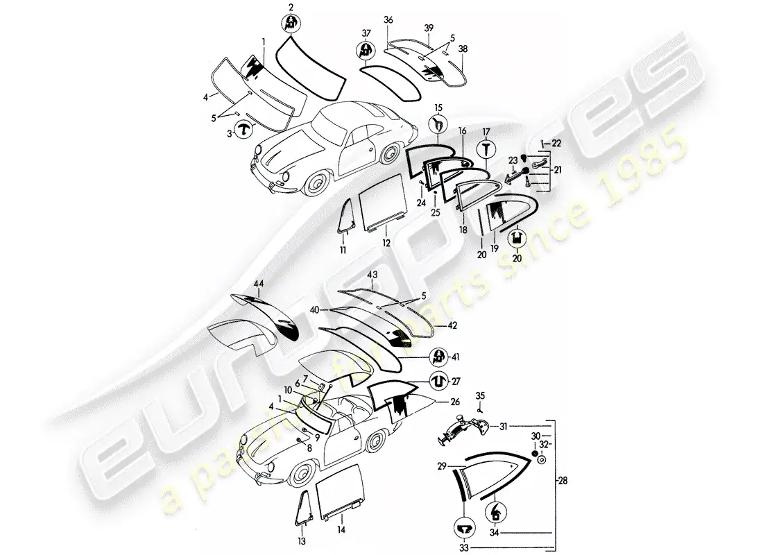 porsche 1963 (356b/356c) window glazing parts diagram