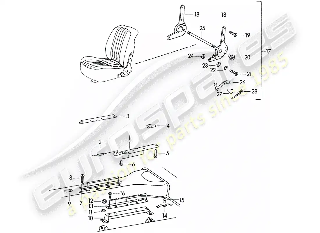 porsche 1964 (356b/356c) seat rail - seat rail support - and - reclining seat mechanism parts diagram