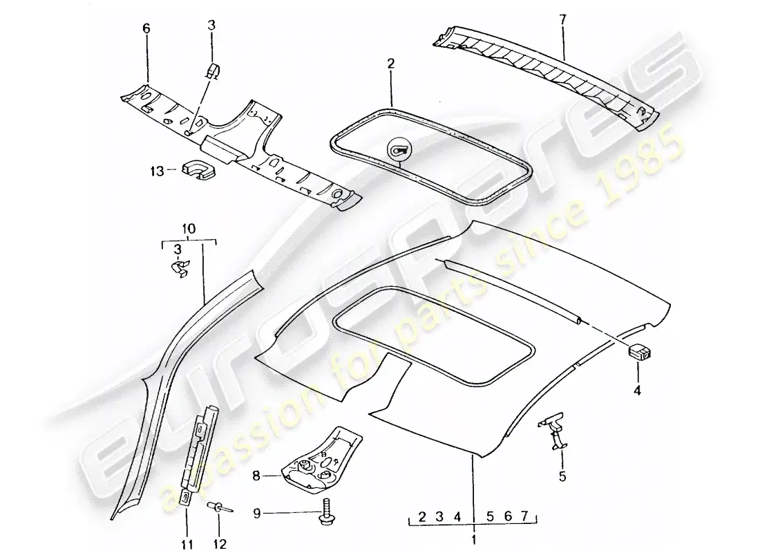 porsche 2004 (996 turbo / gt2) roof trim panel parts diagram