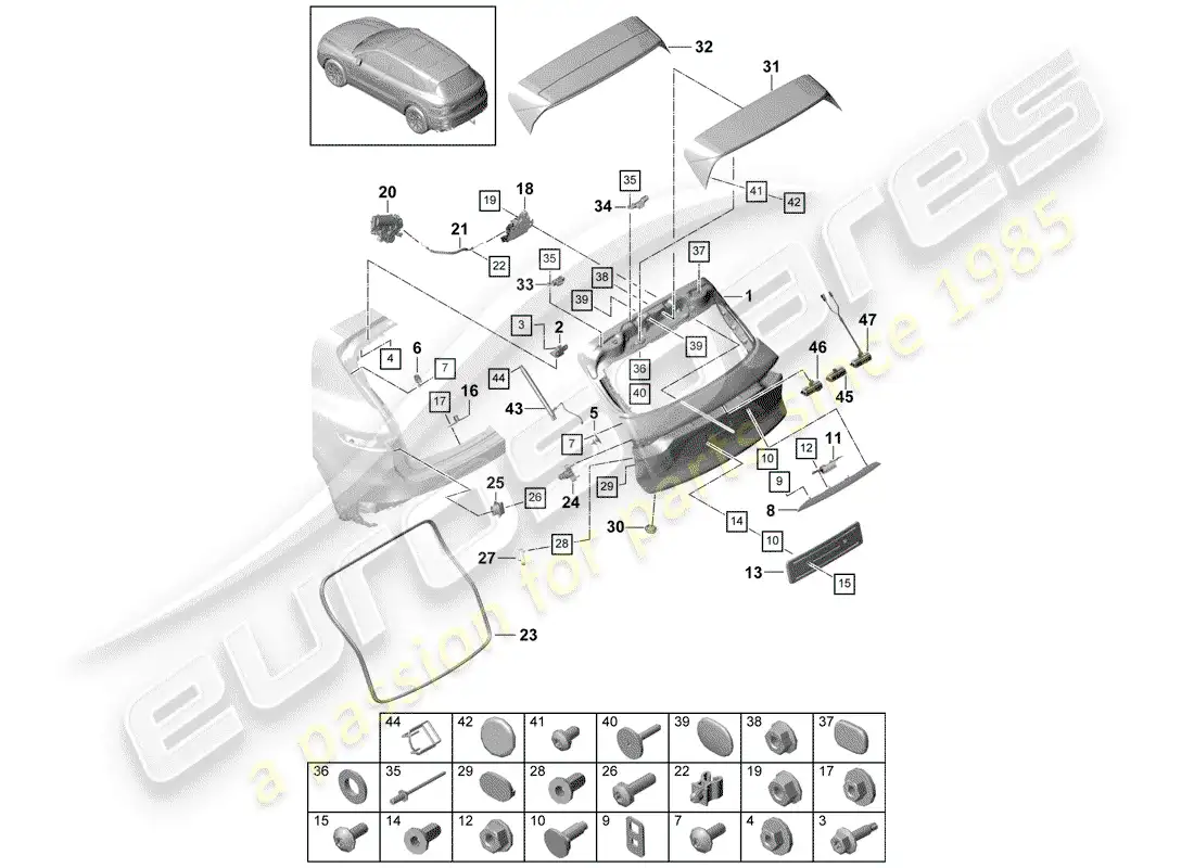 porsche 2020 (cayenne e3 9ya/9yb) rear trunk lid part diagram