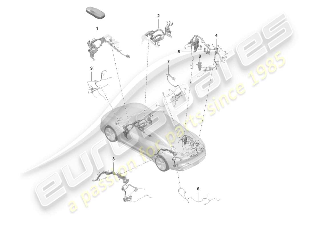 porsche 2021 (taycan 9j1-1) part section wiring harness for passenger compartment rear lid tyre pressure control system temperature sensor for coolant circuit part diagram