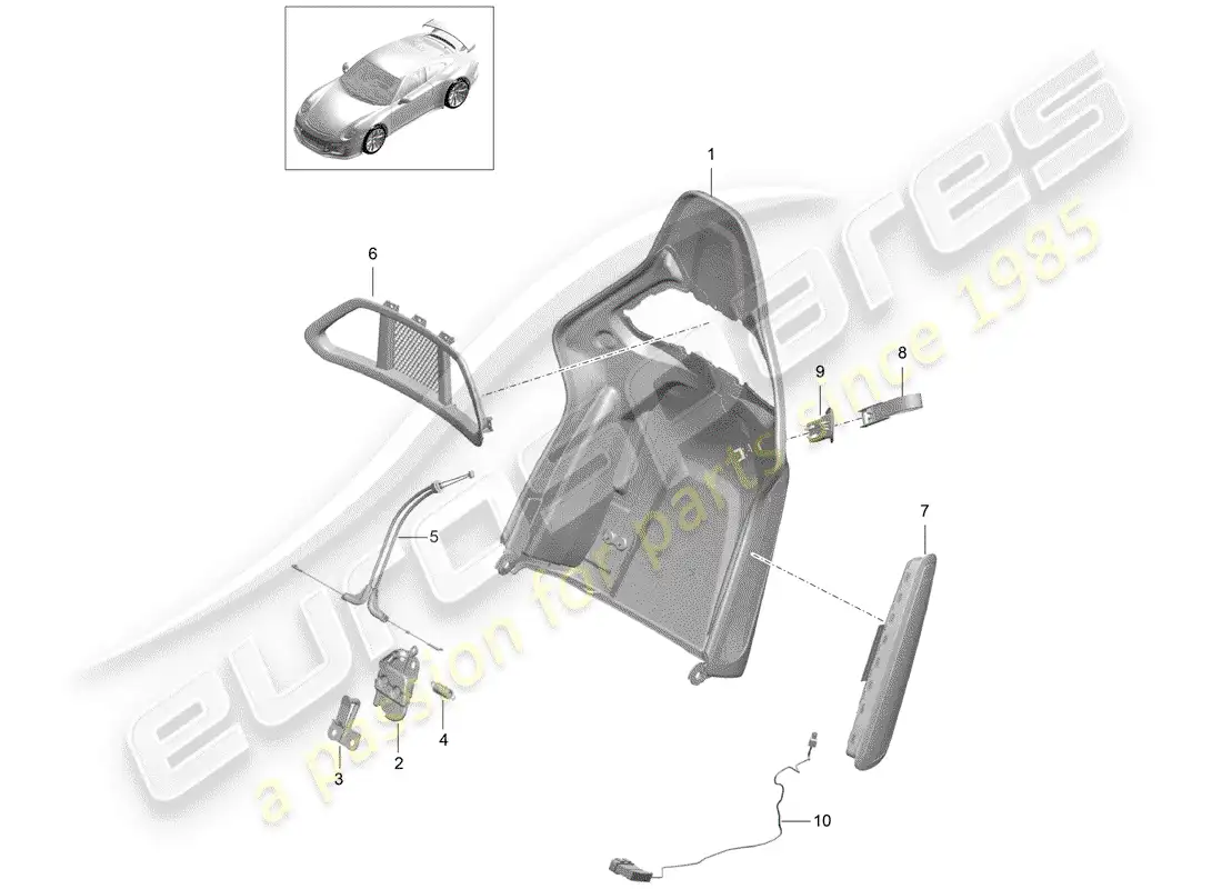 porsche 2016 (991-1 r/gt3/rs) backrest shell parts diagram