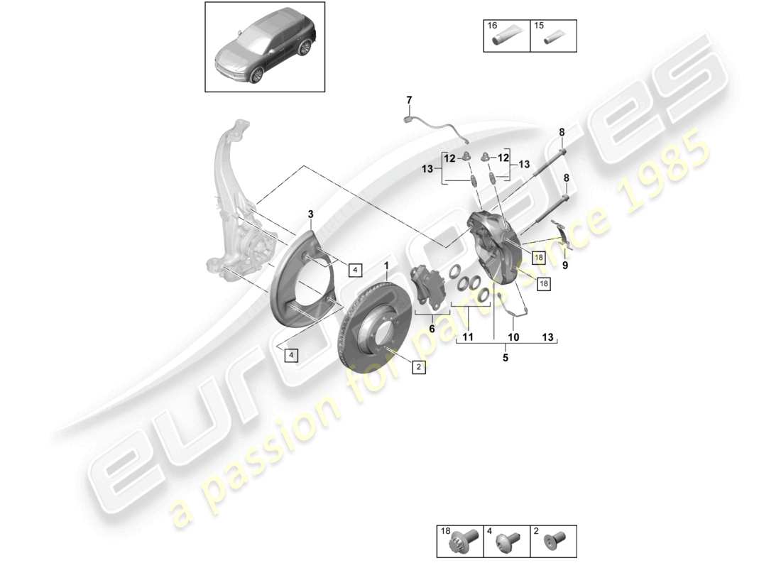 porsche 2021 (cayenne e3 9ya/9yb) disc brake 18 front axle black/green part diagram