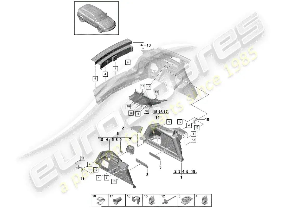 porsche 2019 (cayenne e3 9ya/9yb) boot lining parts diagram