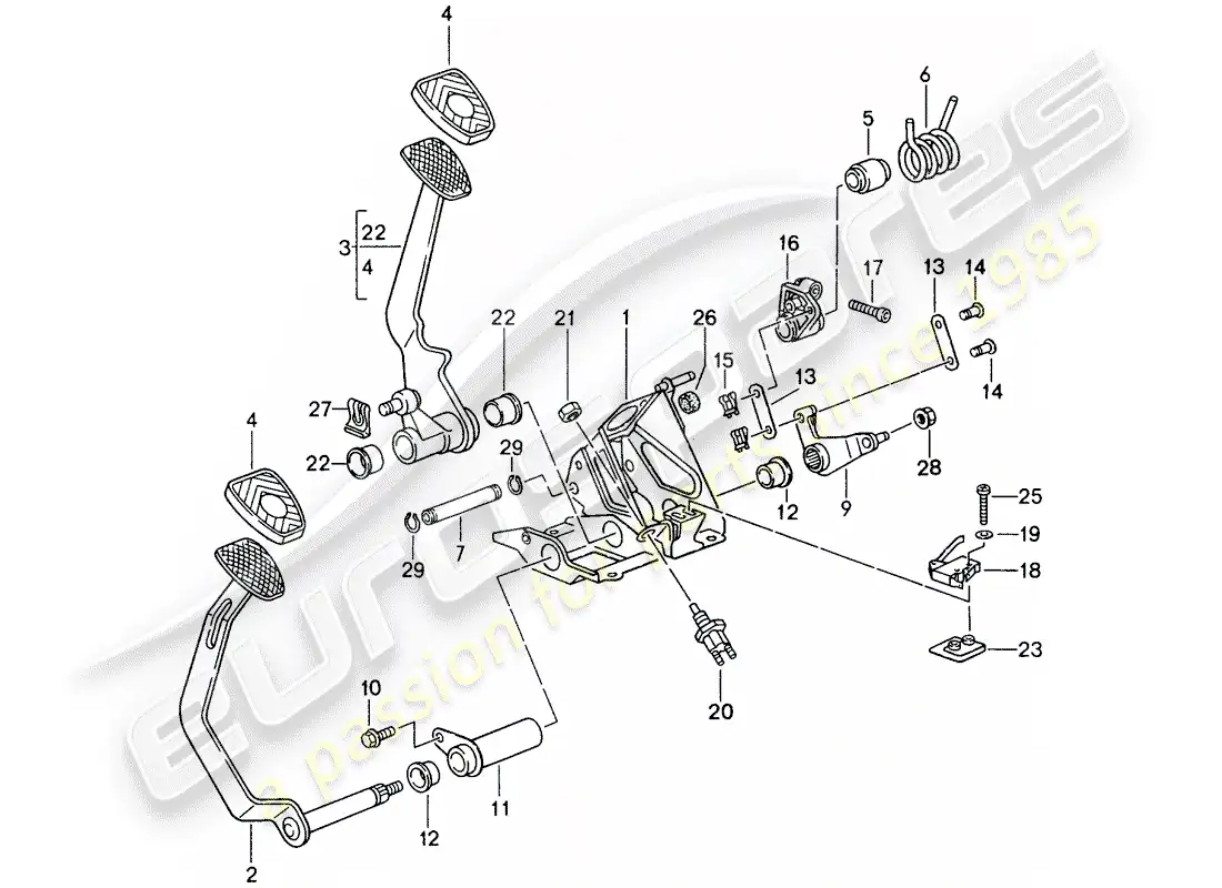 porsche 1998 (993) pedals - manual gearbox parts diagram