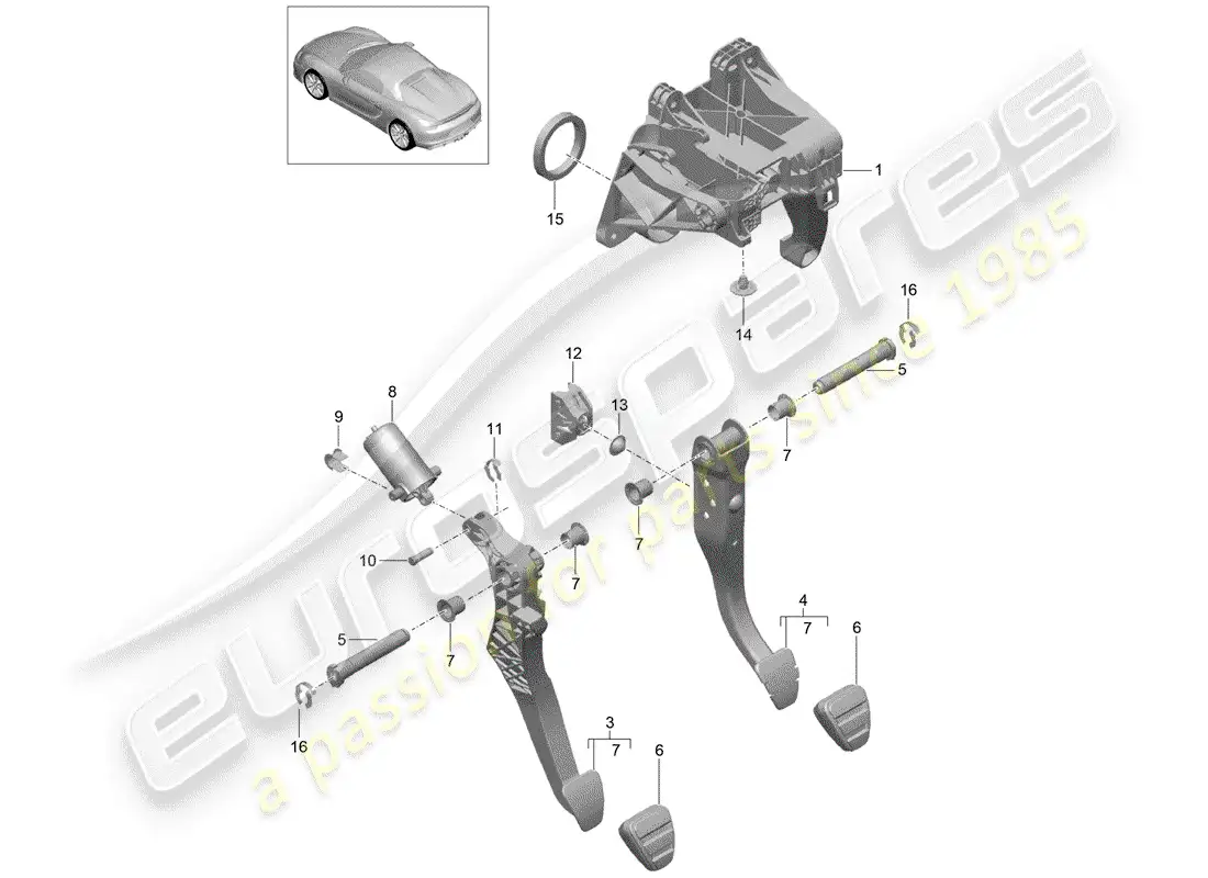 porsche 2016 (981 boxster spyder) pedals parts diagram