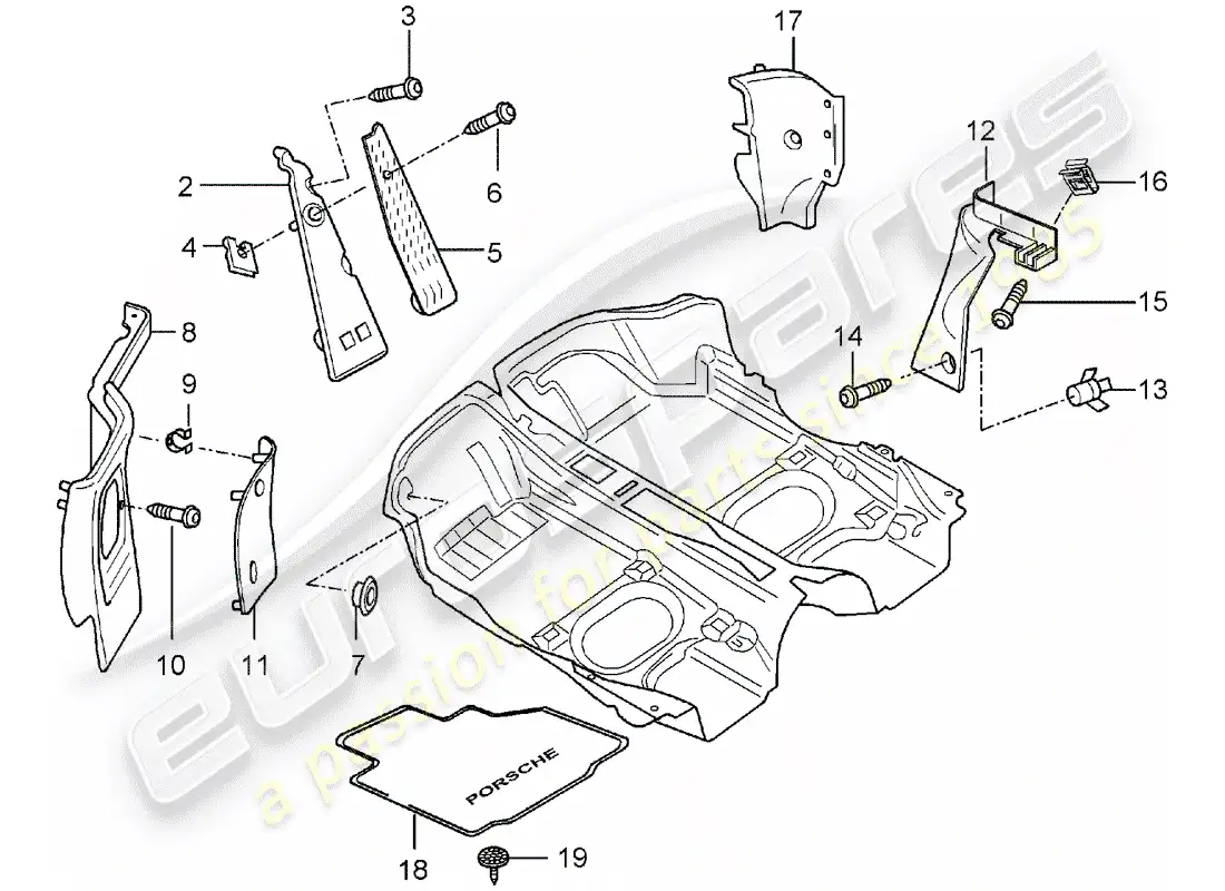 porsche 2000 (986 boxster) interior equipment - floor cover - trims parts diagram