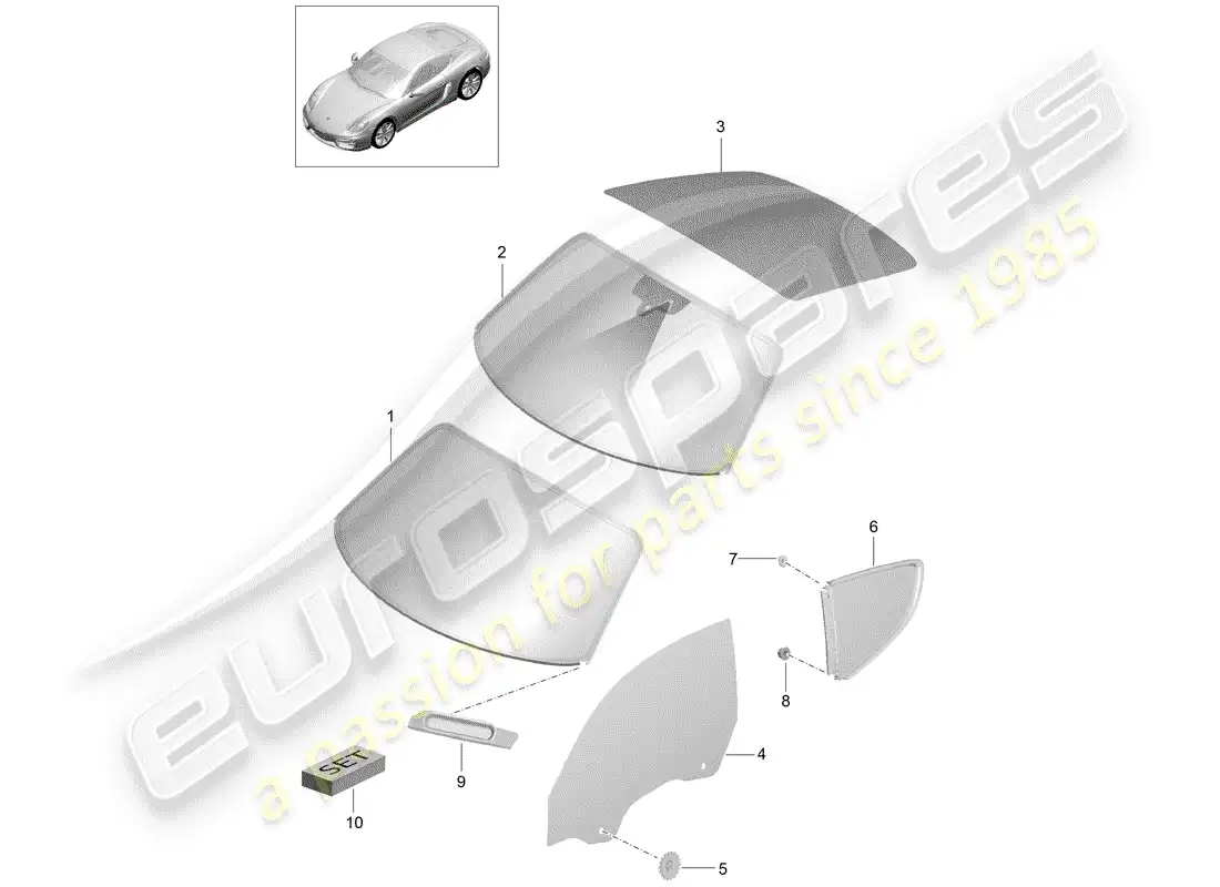 porsche 2015 (981 cayman) window glazing parts diagram