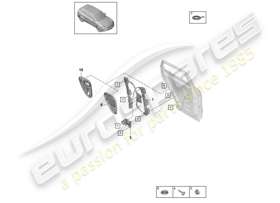 porsche 2022 (cayenne e3 9ya/9yb) window regulator rear assembly carrier part diagram