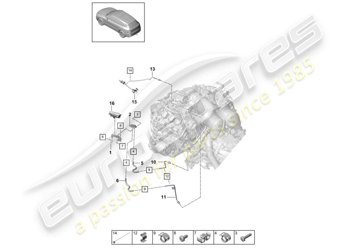 porsche 2024 (cayenne e3 9ya/9yb) control line with pressure difference sender exhaust gas temperature sender part diagram