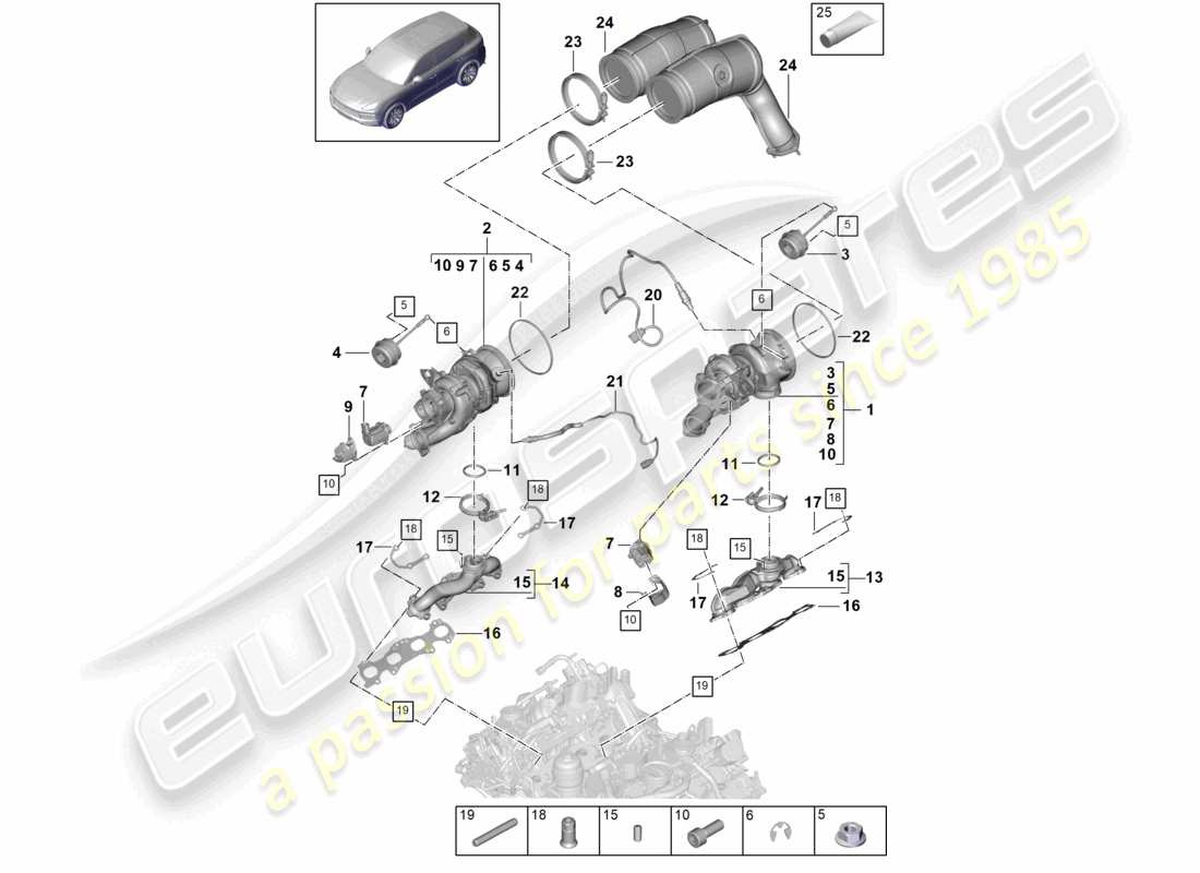 porsche 2024 (cayenne e3 9ya/9yb) exhaust gas turbocharger exhaust manifolds lambda probe part diagram