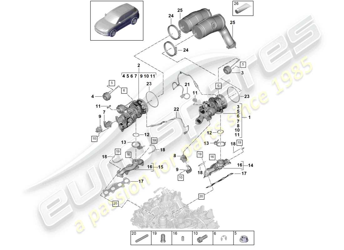porsche 2022 (cayenne e3 9ya/9yb) exhaust gas turbocharger exhaust manifolds lambda probe part diagram