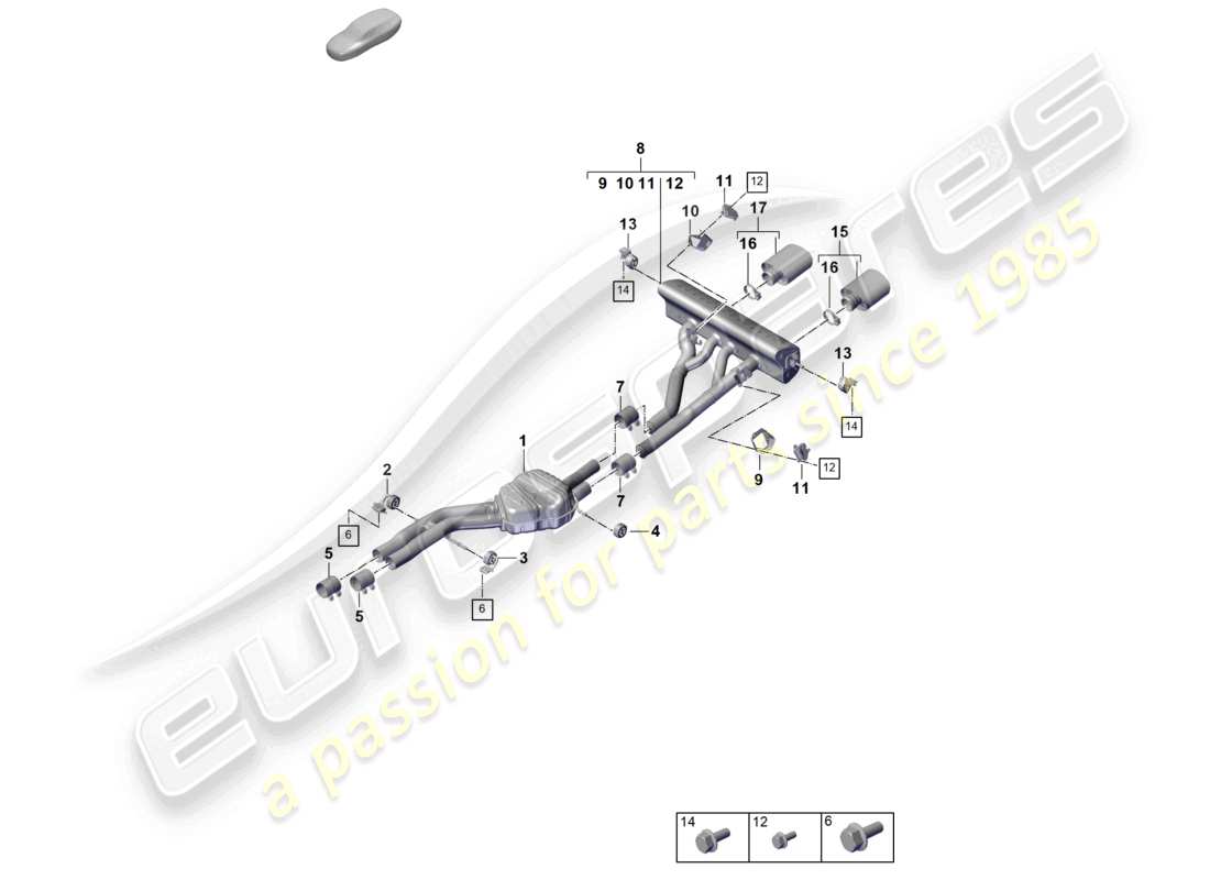 porsche 2023 (cayenne e3 pa) exhaust system sport version front silencer rear silencer tailpipe part diagram