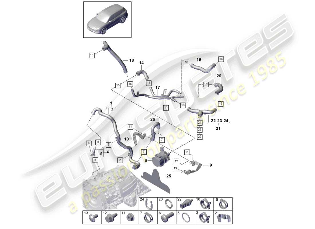 porsche 2024 (cayenne e3 9ya/9yb) coolant cooling system coolant hoses part diagram