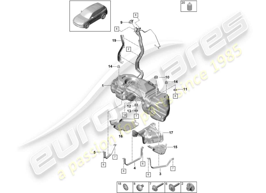 porsche 2022 (cayenne e3 9ya/9yb) fuel tank with attachments part diagram