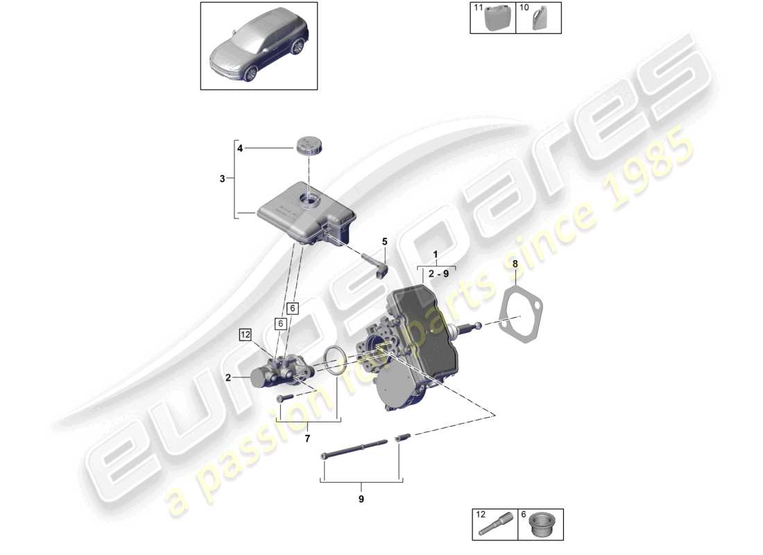 porsche 2024 (cayenne e3 9ya/9yb) tandem brake master cylinder hybrid with brake fluid reservoir brake servo part diagram