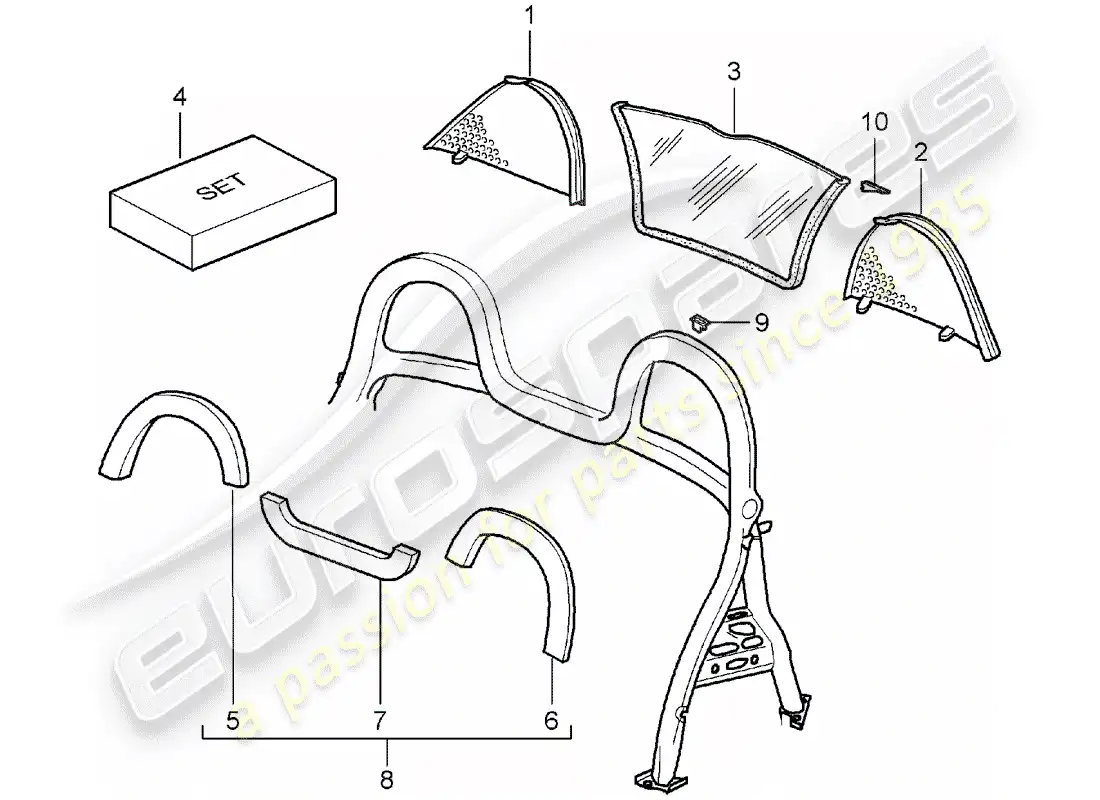 porsche 2002 (986 boxster) windscreen - and - trims - roll bar parts diagram