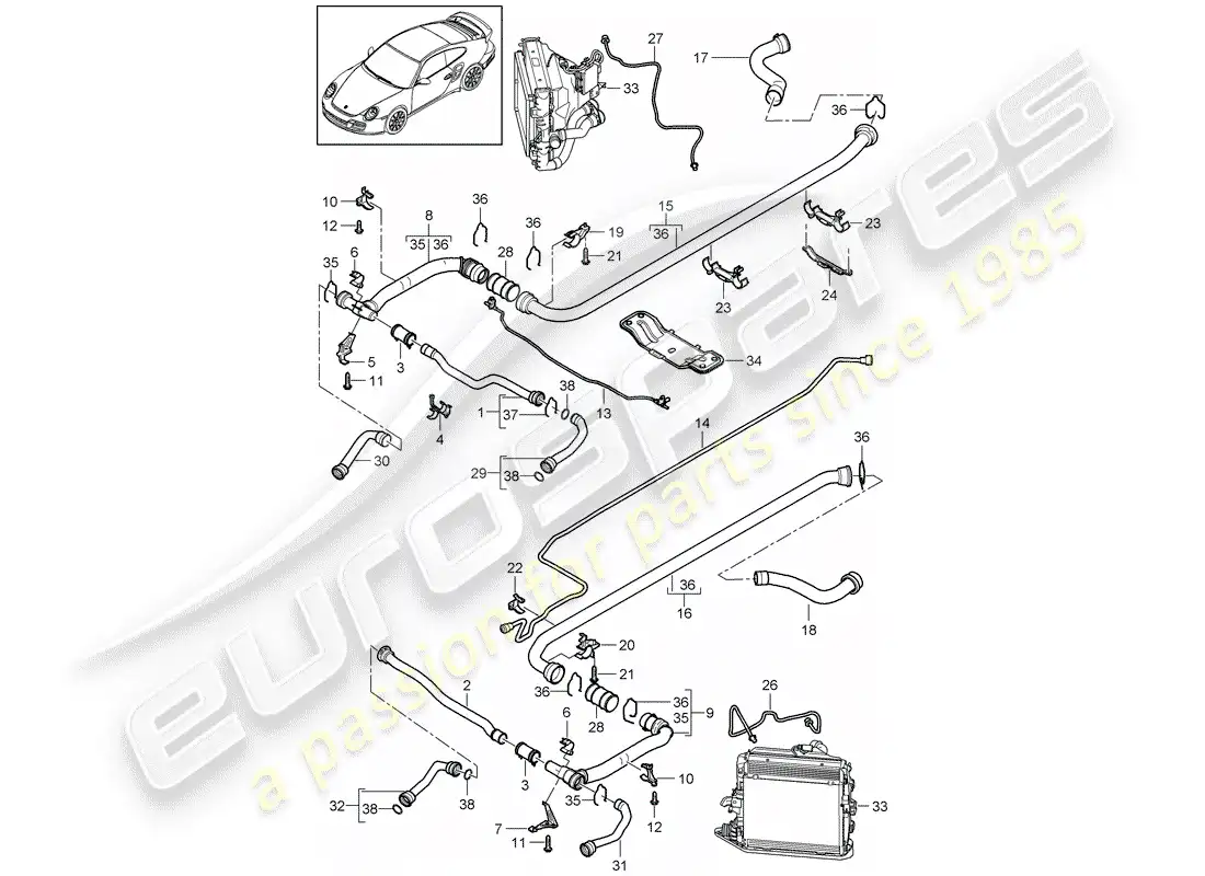 porsche 2012 (997-2 turbo / gt2 rs) water cooling 2 part diagram