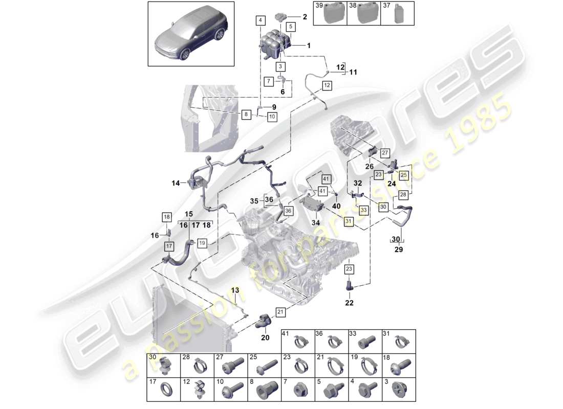 porsche 2022 (cayenne e3 9ya/9yb) coolant cooling system coolant expansion tank coolant pipe part diagram