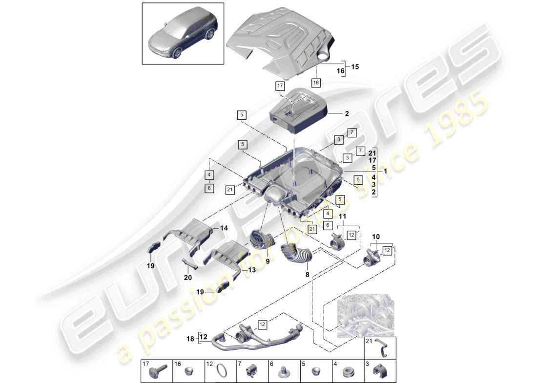 porsche 2024 (cayenne e3 9ya/9yb) air filter with connecting parts engine cover part diagram