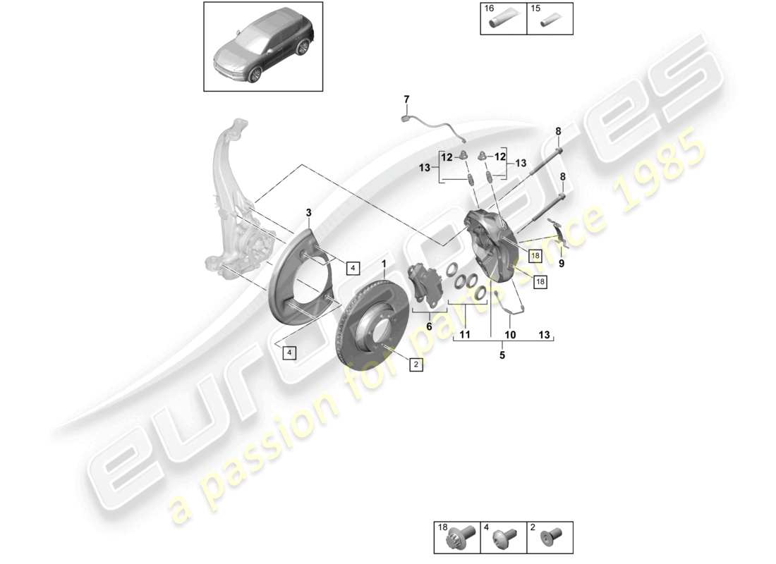 porsche 2023 (cayenne e3 9ya/9yb) disc brake 18 front axle black/green part diagram