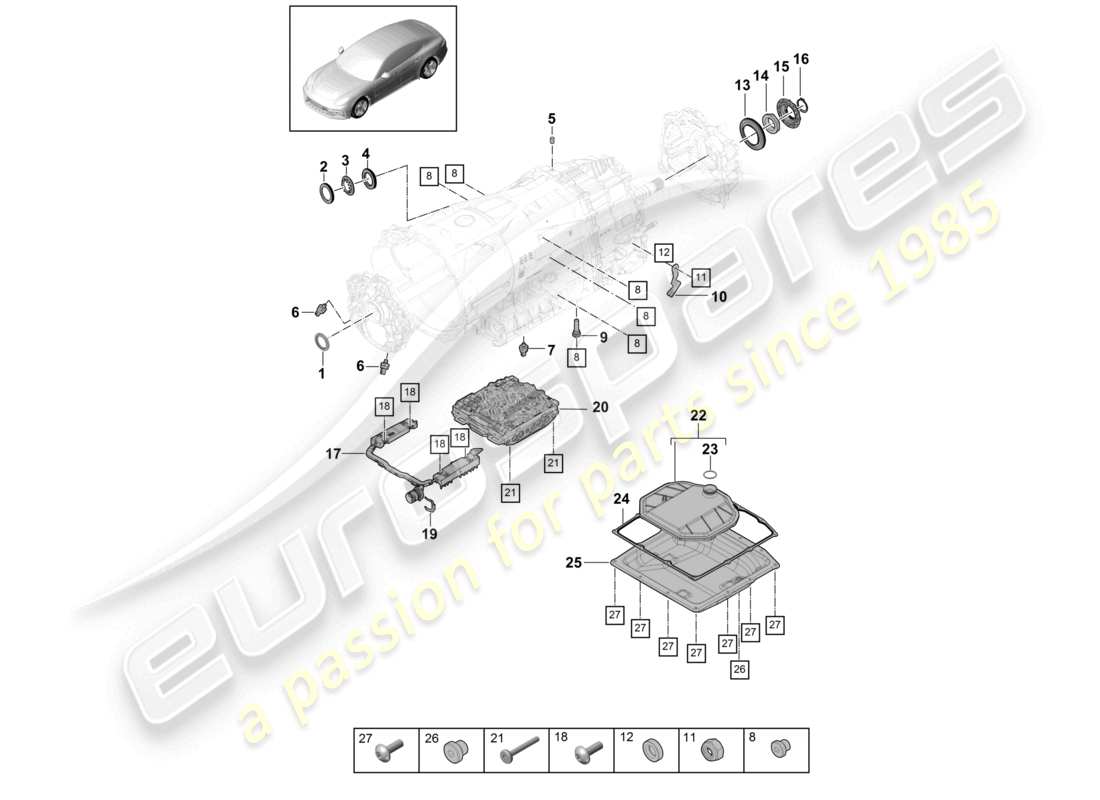porsche 2021 (panamera 971-1) 8-speed dual clutch gearbox - pdk - mechatronic with software oil filter transmission oil sump part diagram