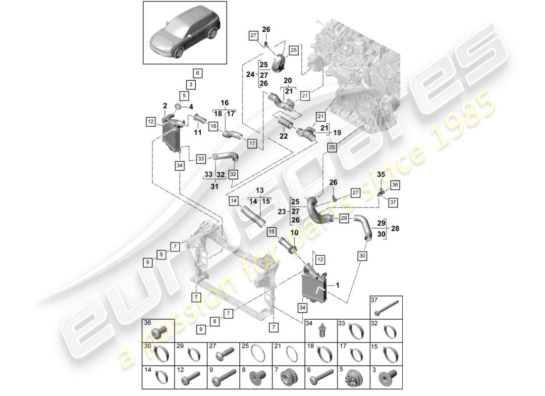 porsche 2024 (cayenne e3 9ya/9yb) charge air cooler pressure pipe part diagram
