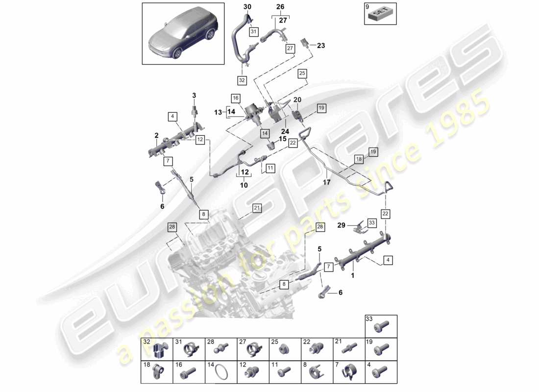 porsche 2024 (cayenne e3 9ya/9yb) fuel collection pipe high-pressure injector high pressure pump part diagram