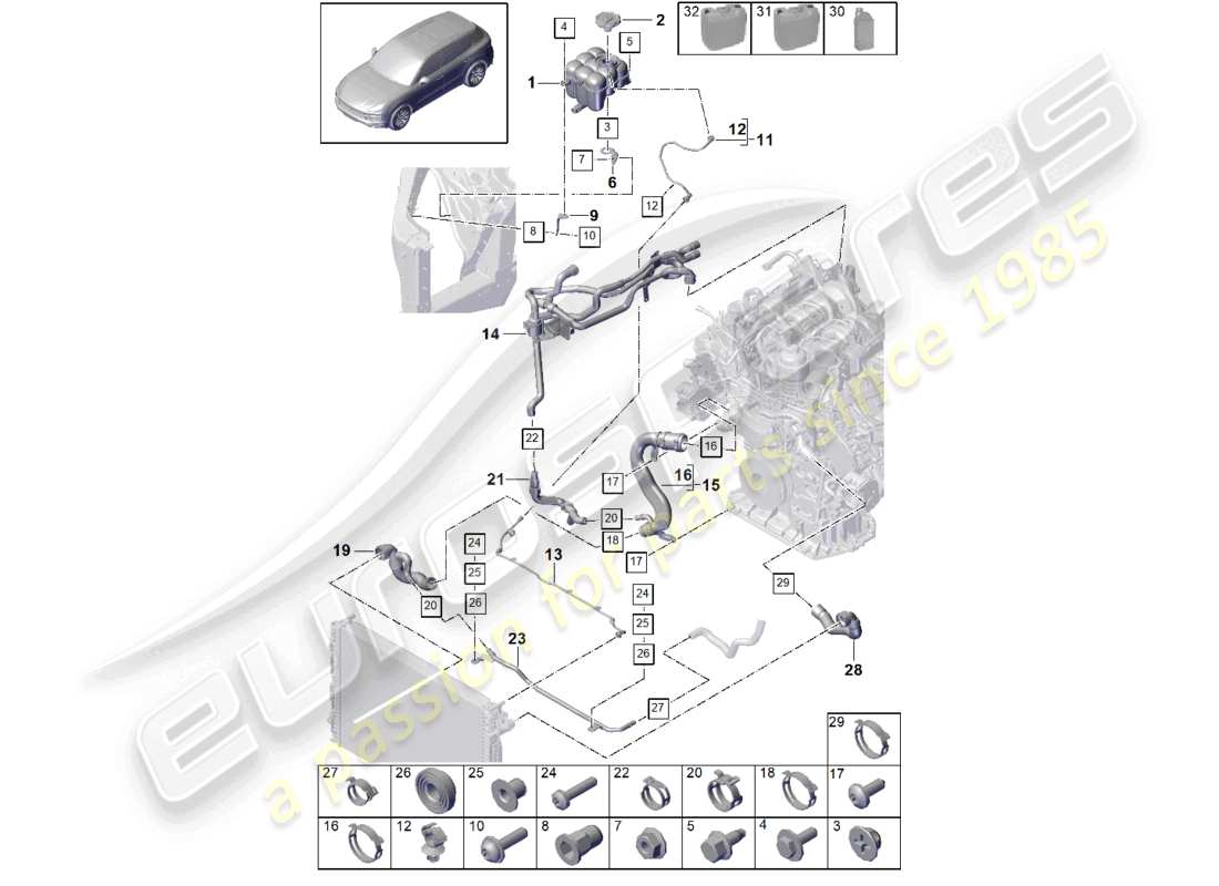 porsche 2024 (cayenne e3 9ya/9yb) coolant cooling system coolant expansion tank coolant pipe part diagram