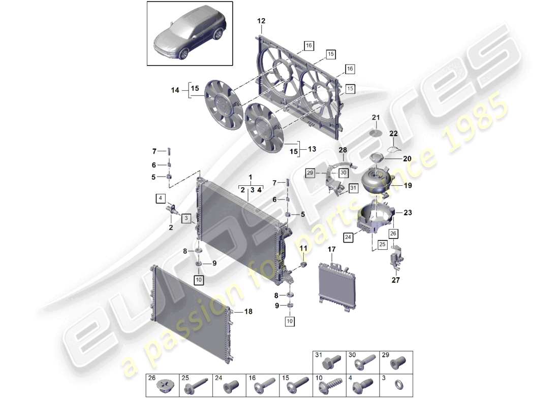 porsche 2024 (cayenne e3 9ya/9yb) coolant cooling system cooler for coolant additional cooler for coolant additional expansion tank part diagram
