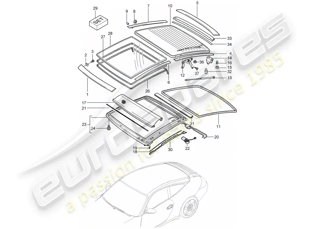 porsche 2007 (997-1) glass roof parts diagram