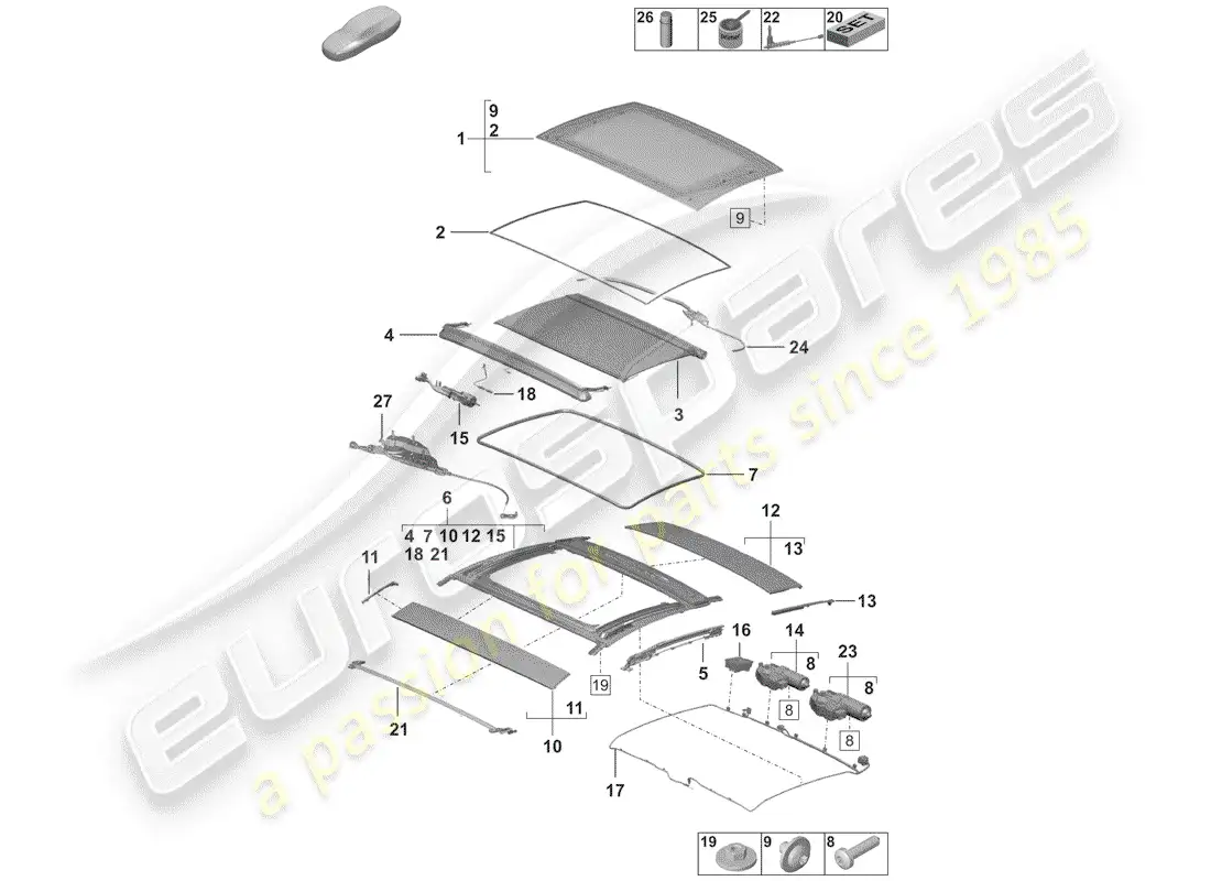porsche 2020 (992-1) glass sunroof parts diagram