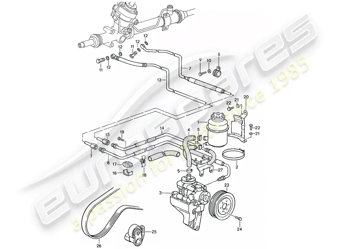 porsche 1987 (959) power steering - lines parts diagram
