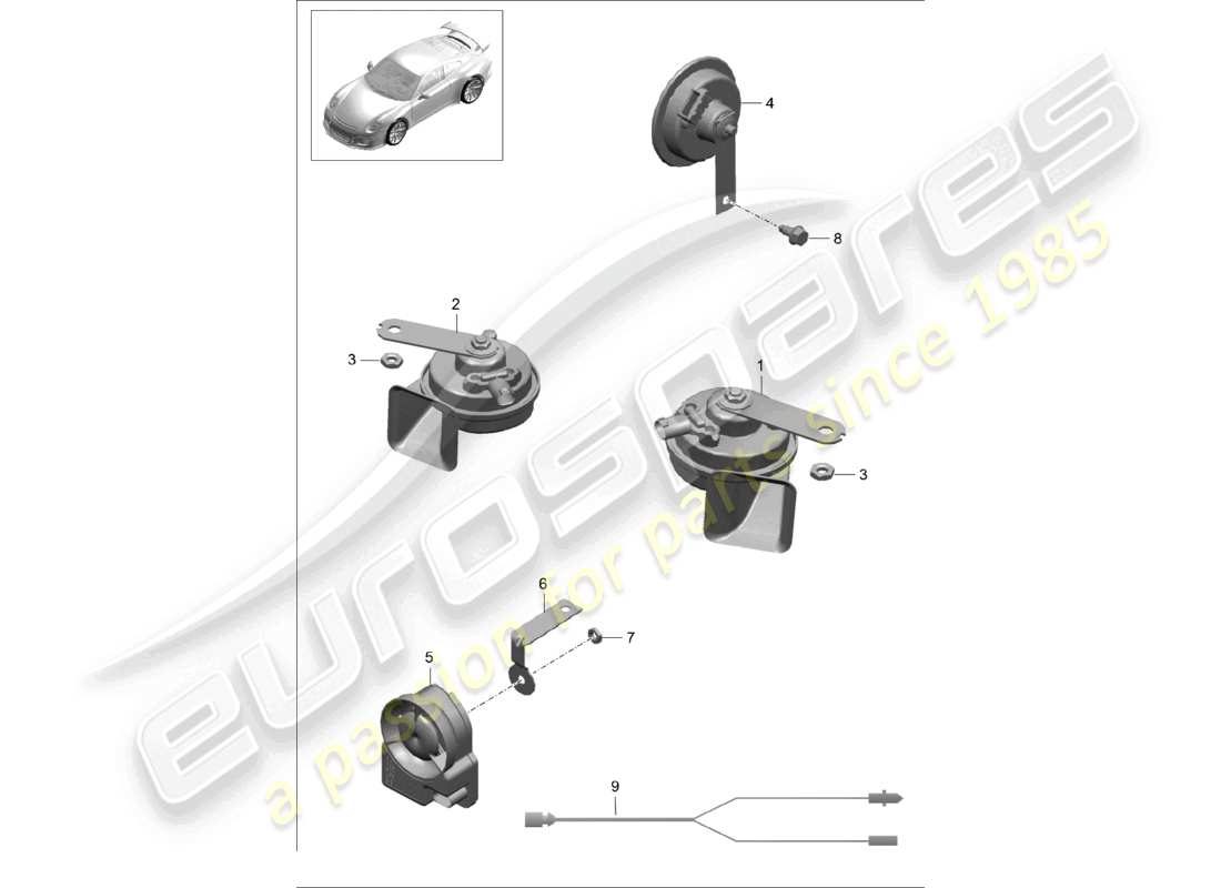 porsche 2021 (991-2 r/gt3/rs) fanfare signal horn alarm system part diagram