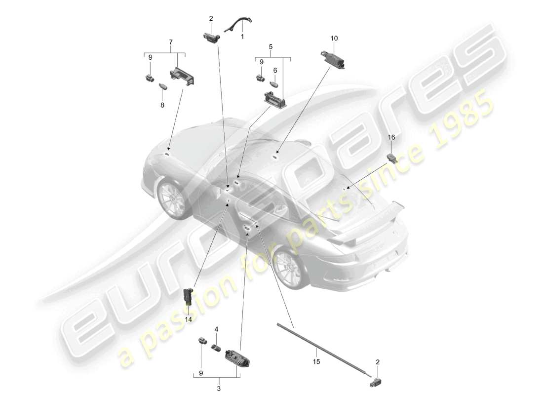 porsche 2021 (991-2 r/gt3/rs) interior lighting door warning light footwell light luggage compartment lamp glove box light light exterior mirror part diagram