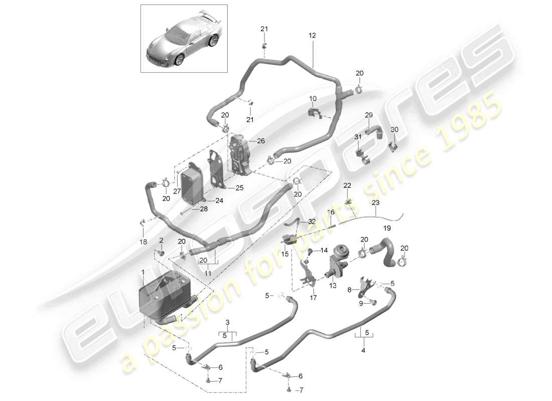 porsche 2021 (991-2 r/gt3/rs) - pdk - gearbox heat exchanger oil pipe water pipe part diagram