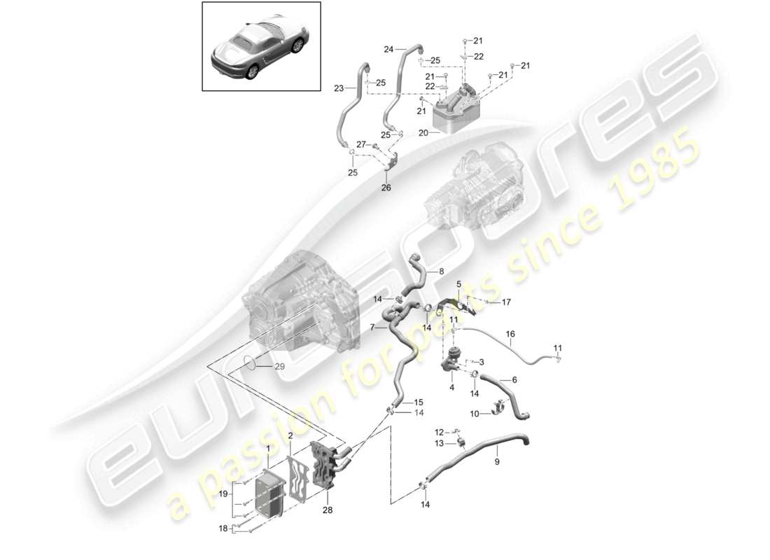 porsche 2023 (718 boxster) - pdk - gearbox heat exchanger oil pipe water pipe part diagram