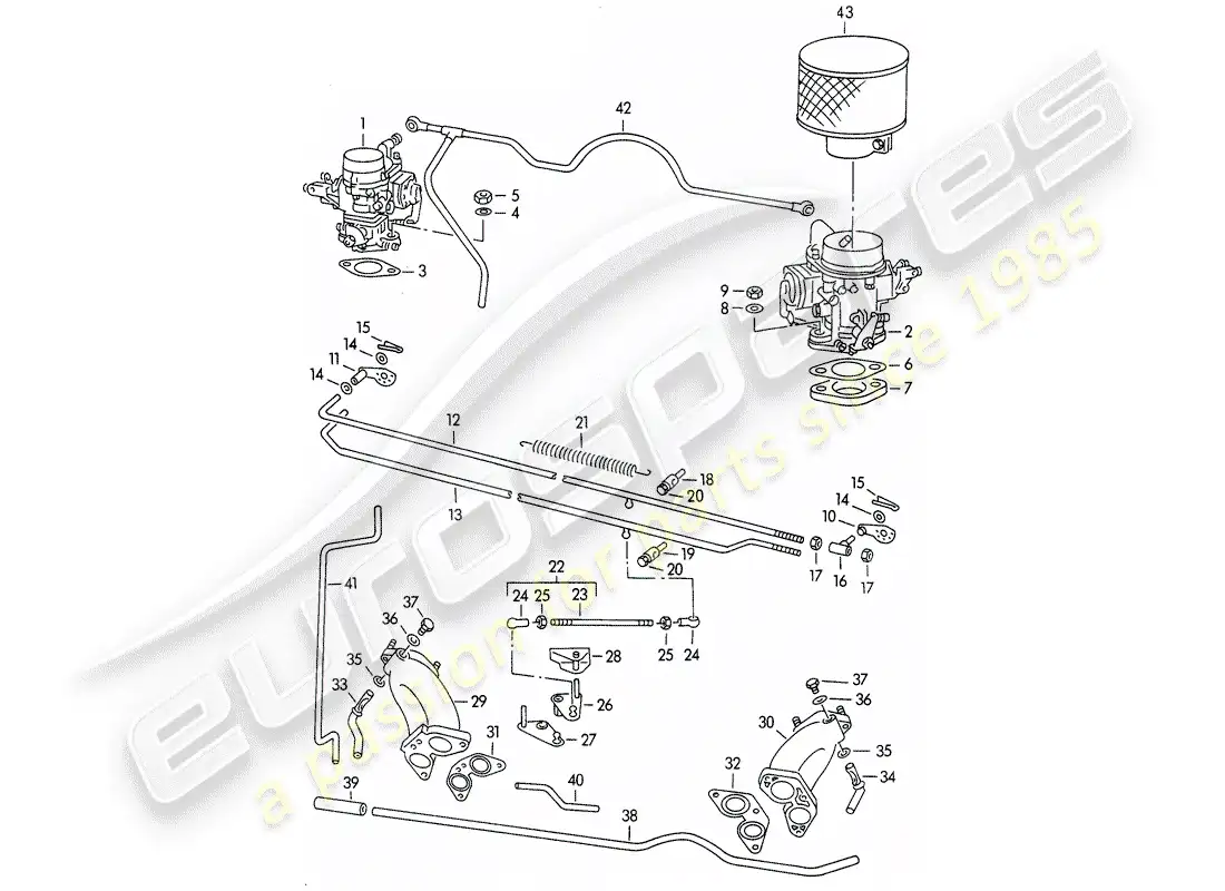 porsche 1953 (356/356a) carburetor - solex 32pbj - solex 40pjcb - and - fuel supply line - fuel pump parts diagram