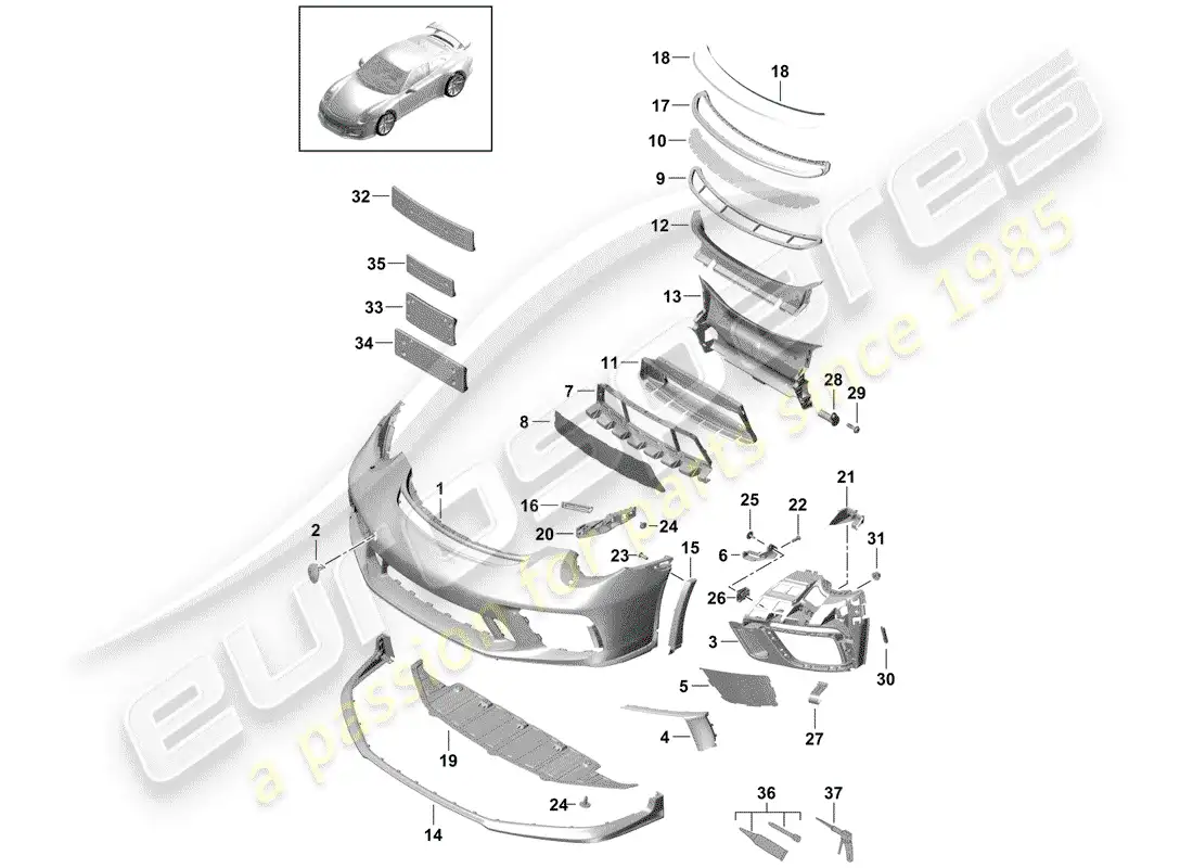 porsche 2014 (991-1 r/gt3/rs) bumper parts diagram